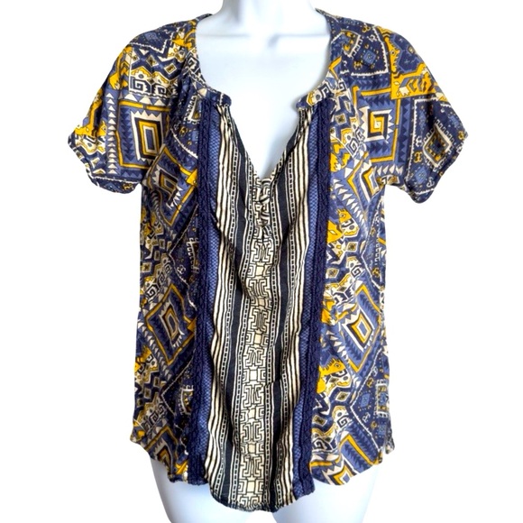 Lucky Brand Blue and Yellow Flutter Sleeve Aztec Print Blouse Size S - Picture 1 of 7